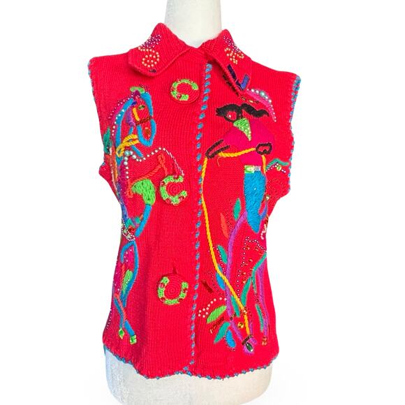Michael Simon Bright Cherry Red Sleeveless Embroidered Cardigan Beaded Horse - Picture 3 of 16